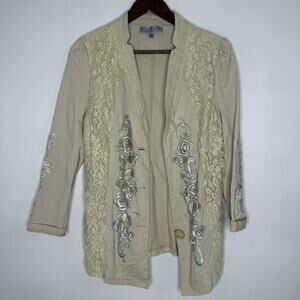 Pretty Angel Jacket Womens Large Beige Lace Embroidered Linen Blend Floral Boho
